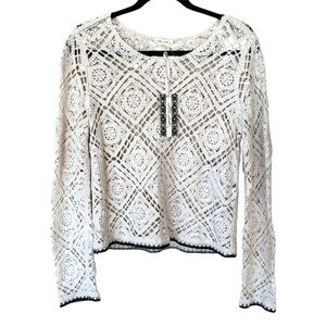 Ultra Pink Crochet Lace Crop Top Boho Cottagecore Long Sleeve Cotton  XS